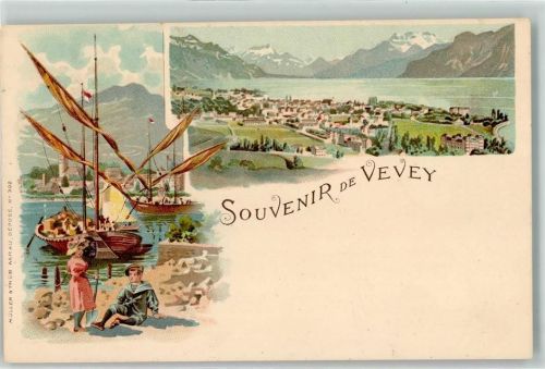 1800 Vevey Lithographie Segelboot