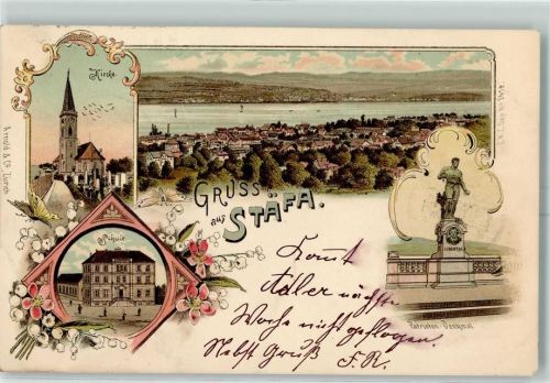Stäfa Kirche Patrioten-Denkmal Schule Künzli 1900 Lithographie