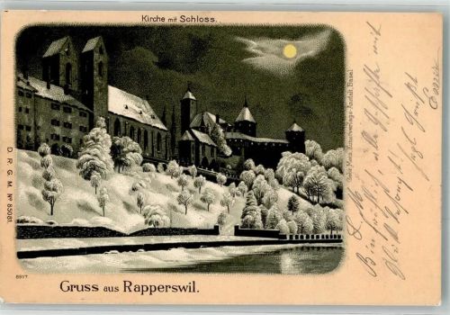 8640 Rapperswil SG 1899 Winterlithographie Kirche mit Schloss bei Nacht