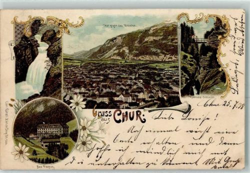 Chur Coire Nr. 1220 Gruss aus Wasserfall AK Künzli 1898 Lithographie