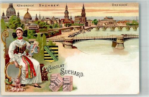 O8000 Dresden Nr. 4 Sachsen Tracht Brücke Suchard Schokolade 1899 Lithographie / Künstlerkarte