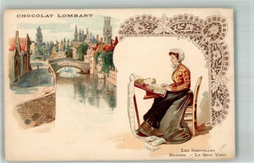 Bruges Brügge Chocolat Lombart Klöppeln Les Dentelles Trachten Spitze Schokolade Lithographie / Künstlerkarte