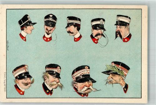 Humoristische Köpfe von Soldaten Karikatur Militär Dep. 2437 Künzli 1899 Lithographie / Künstlerkarte
