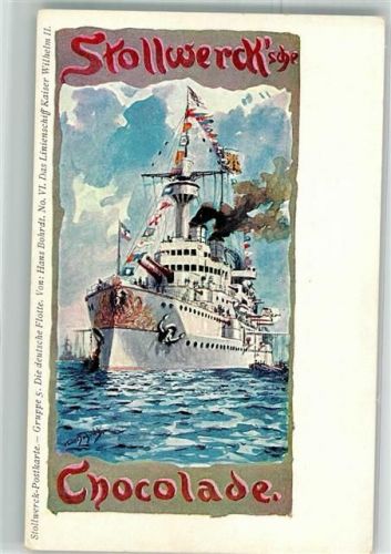 Gruppe 5 : Die deutsche Flotte von Hans Bohrdt Nr. VI , Linienschiff Kaiser Wilhelm II Stollwerck Schokolade 1900 Künstlerkarte