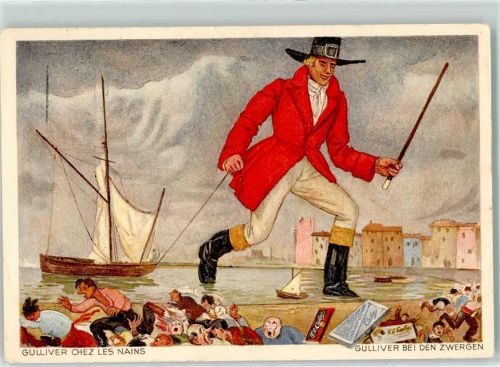 Cailler Chocolade Gulliver bei den Zwergen Märchen AK Schokolade 1928 Künstlerkarte
