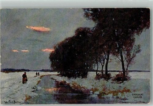 sign. Müller, Peter Paul Wanderer in einer düsteren Winterlandschaft Werbung F.L. Cailler's Milch-Schokolade Schokolade 1923 Künstlerkarte