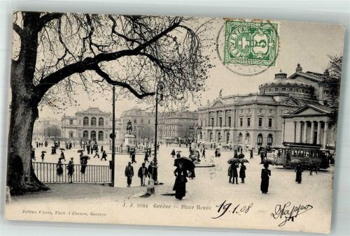 1200 Genève Genf 1908 Foto AK Place Neuve Straßenbahn Denkmal Marke bildseitig