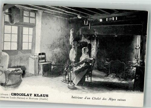 Spinnerin in einem Alpenchalet Klaus Schokolade Werbe AK