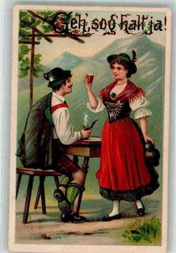 Junges Paar in Tracht mit Pfeife und Wein Poesie / Liebe Tracht Schweiz 1912 Künstlerkarte