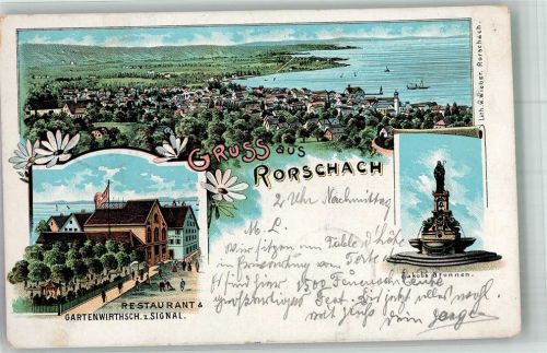 9400 Rorschach 1899 Lithographie Denkmal Jakobsbrunnen Gasthaus z. Signal