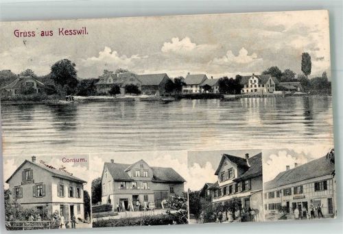 8593 Kesswil 1910 Foto AK Geschäft Consum Bahnpost Zug 2717
