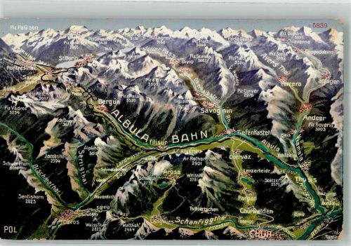 7000 Chur Coire 1915 Künstlerkarte Vogelschau der Albula Bahn mit Alpenpanorama Edition Photoglob Bahnpost Räthische Bahn