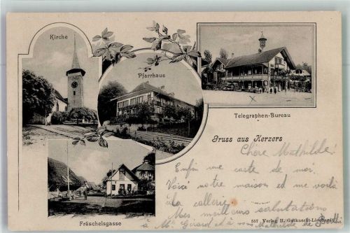 3210 Kerzers 1904 Foto AK Postamt Telegrafenbüro Kirche Pfarrhaus Fräschelgasse