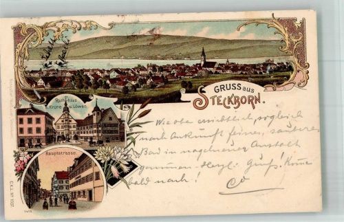 8266 Steckborn 1898 Lithographie Rathaus Gasthaus Krone und Löwen Hauptstrasse