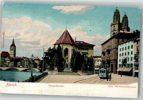8000 Zürich Foto AK Wasser- Kirche Denkmal Straßenbahn