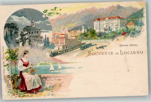 6600 Locarno 1907 Gebrauchsspuren Eisenbahn Schloss Tracht Grand Hotel Lithographie
