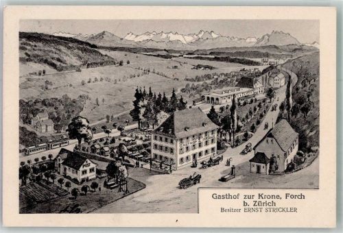 8127 Forch 1913 Lithographie Gasthaus zur Krone Postamt Bahnhof
