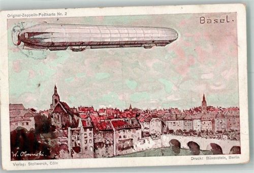 4000 Basel Bâle 1913 Lithographie / Künstlerkarte Zeppelin Zeppelin-Postkarte Rückseite Graf Zeppelin Autograph