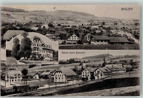 3507 Biglen 1916 Foto AK Fabrik Bahnhof Hotel Kurhaus