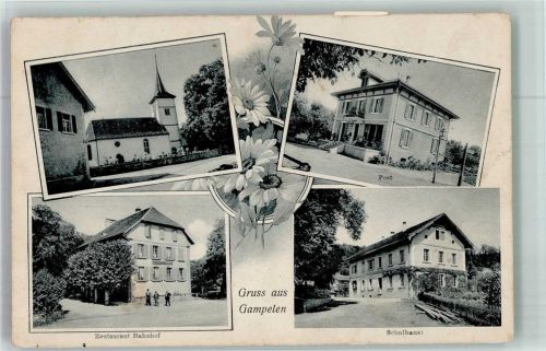 3236 Gampelen 1914 Foto AK Postamt Kirche Gasthaus Bahnhof Schulhaus