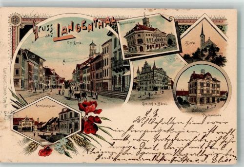 4900 Langenthal 1900 Lithographie Postkutsche Dorfstrasse Postamt Gasthaus zum Bären Kirche
