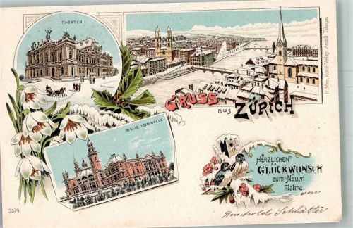 8000 Zürich 1896 Winterlithographie Theater Neue Tonhalle Neujahrsgüsse