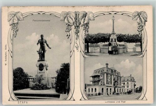 8712 Stäfa 1907 Foto AK Patrioten- Denkmal Postamt Leihkasse Brunnen