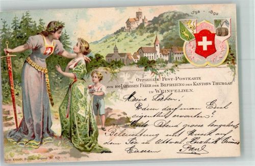 Weinfelden Helvetia 100 jährige Feier der Befreiung Kanton Thurgau Helvetia 1898 Lithographie
