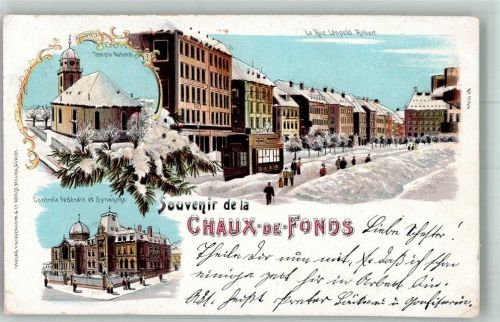 2300 La Chaux-de-Fonds 1900 Winterlithographie Synagoge Kirche Rue Leipold Robert Glimmerauflage