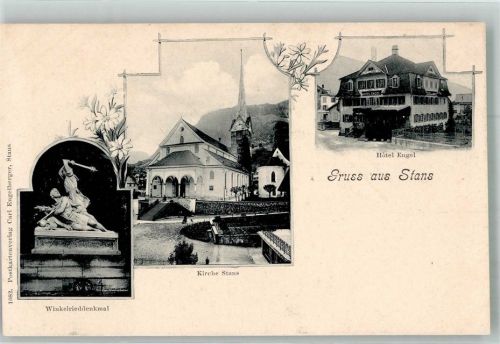6370 Stans Foto AK Denkmal Winkelried Kirche Hotel Engel