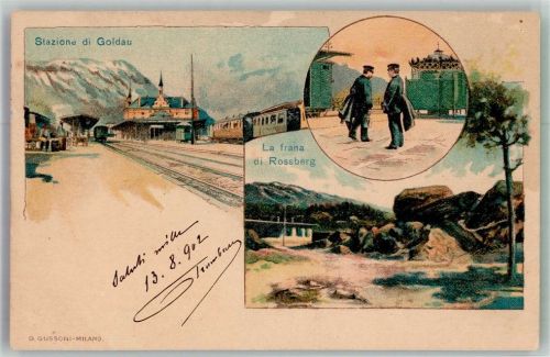 6410 Goldau 1902 Lithographie Bahnhof Eisenbahn Uniform La frana di Rossberg