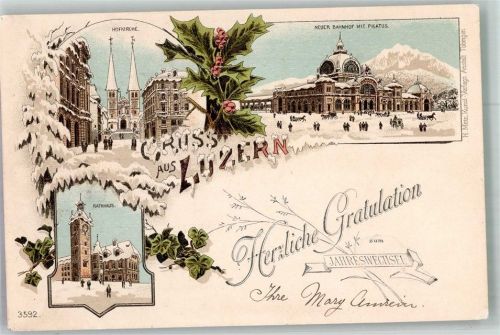 6000 Luzern Lucerne 1917 Winterlithographie Rathaus Hof- Kirche Neuer Bahnhof Pilatus