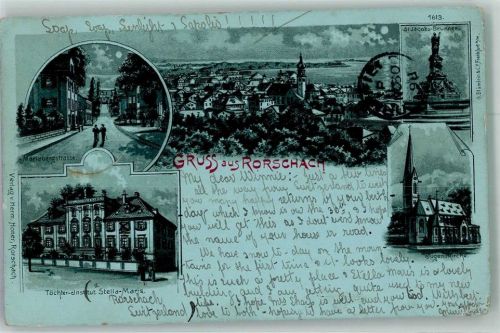 9400 Rorschach 1898 Gebrauchsspuren Töchter-Institut Marieberger Strasse Denkmal St. Jacobs Brunnen Kirche Lithographie