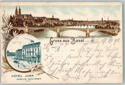 4000 Basel Bâle 1898 Lithographie Hotel Jura Großmünster Rheinbrücken