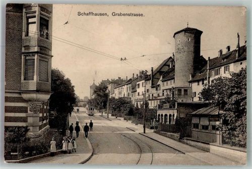 8200 Schaffhausen Sciaffusa 1916 Foto AK Grabenstrasse Straßenbahn Zensurstempel Überwachungsstelle