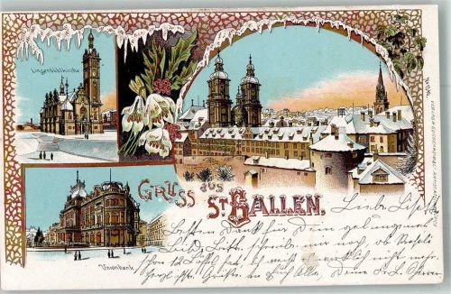 9000 St. Gallen S. Gallo 1900 Winterlithographie Lingenbühl- Kirche Unionbank