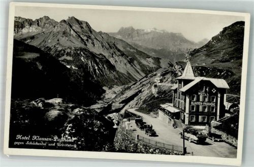 Klausenpass Foto AK Omnibus Auto Hotel Klausenpasshöhe