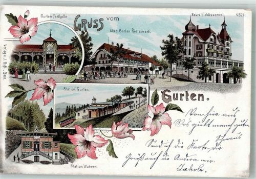 Gurten Kulm Lithographie Bahnhof Bergbahn Gasthaus Bahnhof Wabern
