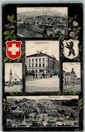 9100 Herisau 1910 Foto AK Postamt Kirche Gemeindehaus Wappen