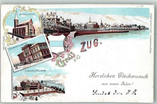 6300 Zug Zugo 1901 Winterlithographie Glimmerauflage Kirche St. Oswald Regierungsgebäude Kuranstalt