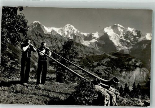 Bläser mit Eiger Mönch u. Jungfrau Alphorn Foto AK