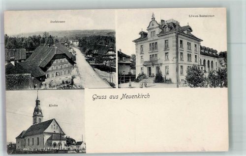8213 Neunkirch 1907 Foto AK Gasthaus Löwen Kirche Dorfstrasse