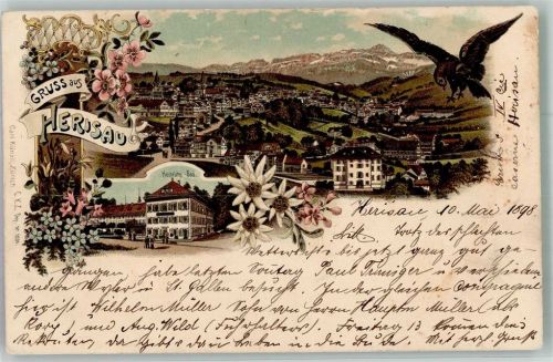 9100 Herisau 1898 Gebrauchsspuren Hotel Kurhaus Heinrichs Bad Lithographie viele Büge