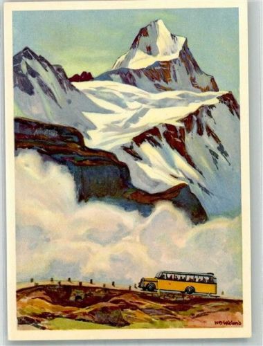 sign. H.B. Wieland Alpenpost Postkutsche Schweiz Künstlerkarte