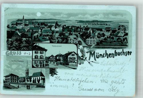 3053 Münchenbuchsee 1899 Lithographie Kirche Hauptstrasse Schulhaus