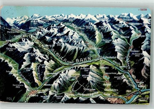 7460 Savognin 1935 Künstlerkarte Vogelschau der Albula Bahn mit Alpenpanorama Edition Photoglob Bahnpost Räthische Bahn
