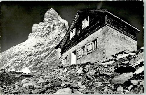 3920 Zermatt 1959 Foto AK Hüttenstempel Matterhorn- Hütte
