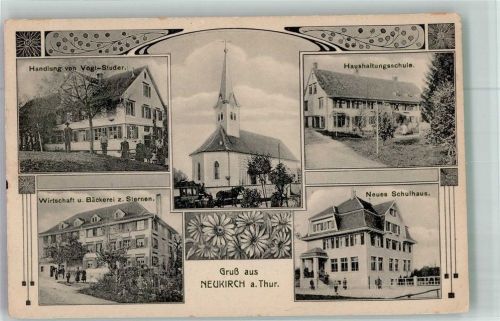 9217 Neukirch an der Thur 1917 Foto AK Postkursche Kirche Handlung Gasthaus und Bäckerei z.Sternen Haushaltungsschule