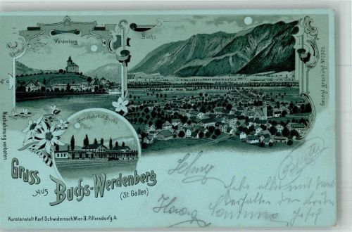 9470 Buchs SG 1901 Lithographie Grenze Bahnhof Kirche Werdenberg