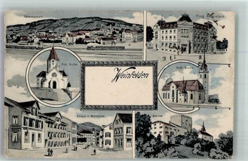8570 Weinfelden 1908 Foto AK Schloss Kath. Kirche Prot. Kirche Eisenbahn Kantonalbank